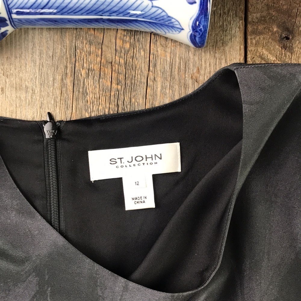 St. John Collection Floral Silk Dress Black Cream Golden Size 12 - Picture 3 of 16